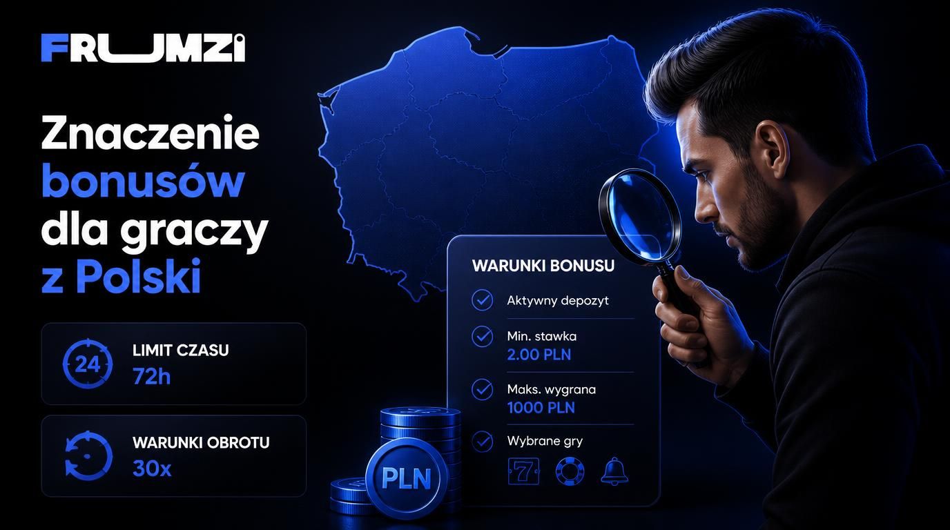 Mapa Polski, gracz czytający regulamin bonusu z symbolami PLN i warunków