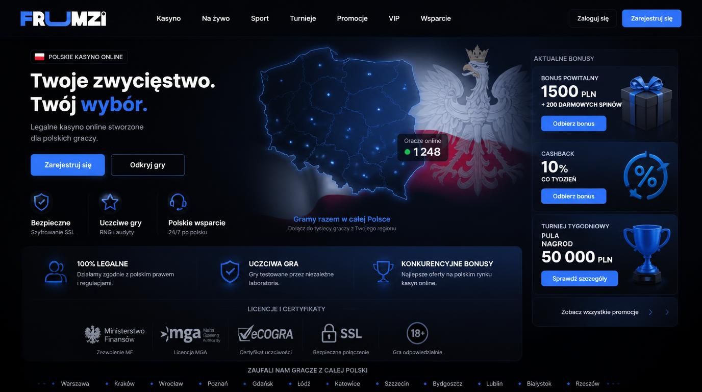 Mapa Polski z elementami kasyna i ikonami licencji
