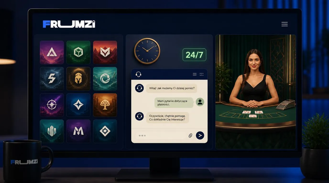 Trzy panele kasyna online przedstawiające wybór dostawców gier, czat całodobowy i krupiera na żywo