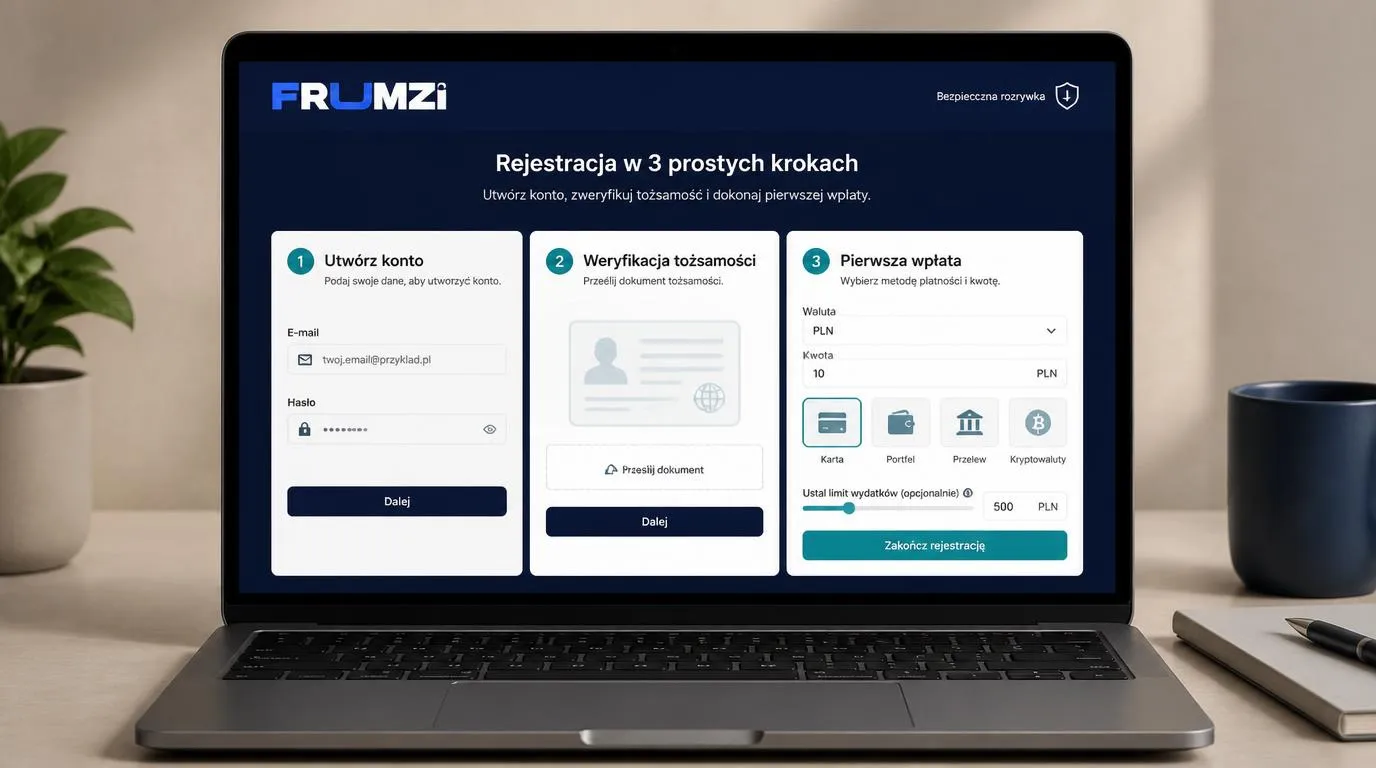 Panel rejestracji konta kasynowego z weryfikacją dokumentów i wyborem pierwszego depozytu w PLN