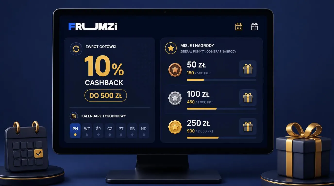 Panel promocji z cashbackiem 10% do 500 zł, poniedziałkowym kalendarzem i trzema poziomami nagród za misje